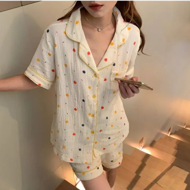 Polka dot pajamas women's summer thin section baby cotton short-sleeved student ins sweet simple home clothes suit loose