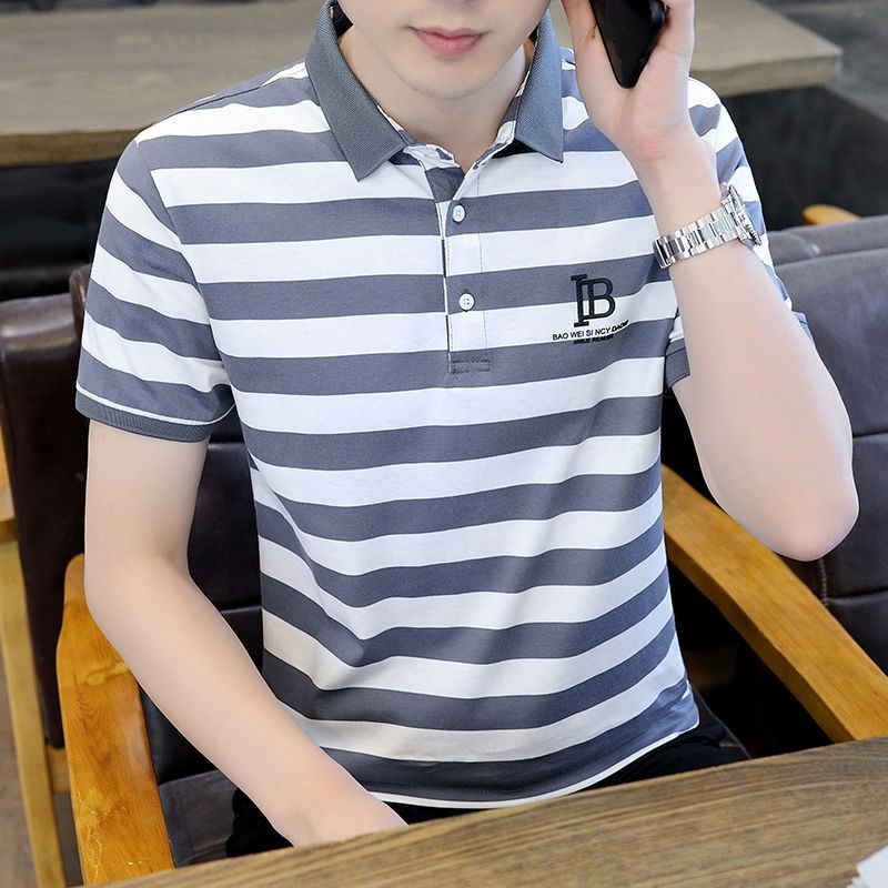 Casual short-sleeved T-shirt men's fashion all-match embroidery handsome lapel striped polo shirt summer thin section inner wear tide
