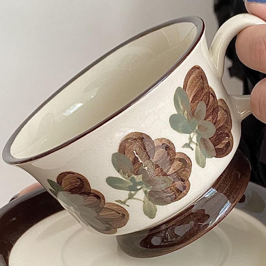 小态送勺子*芬兰中古咖啡杯碟手绘棕色铿锵玫瑰拿铁杯下午茶新款