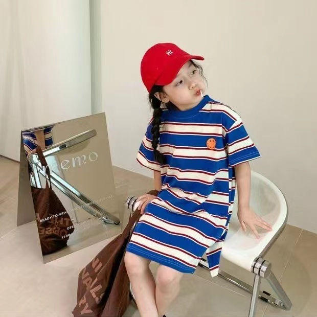 女童夏裝條紋連衣裙2023夏季薄款短袖兒童T恤裙中長款寬鬆裙子