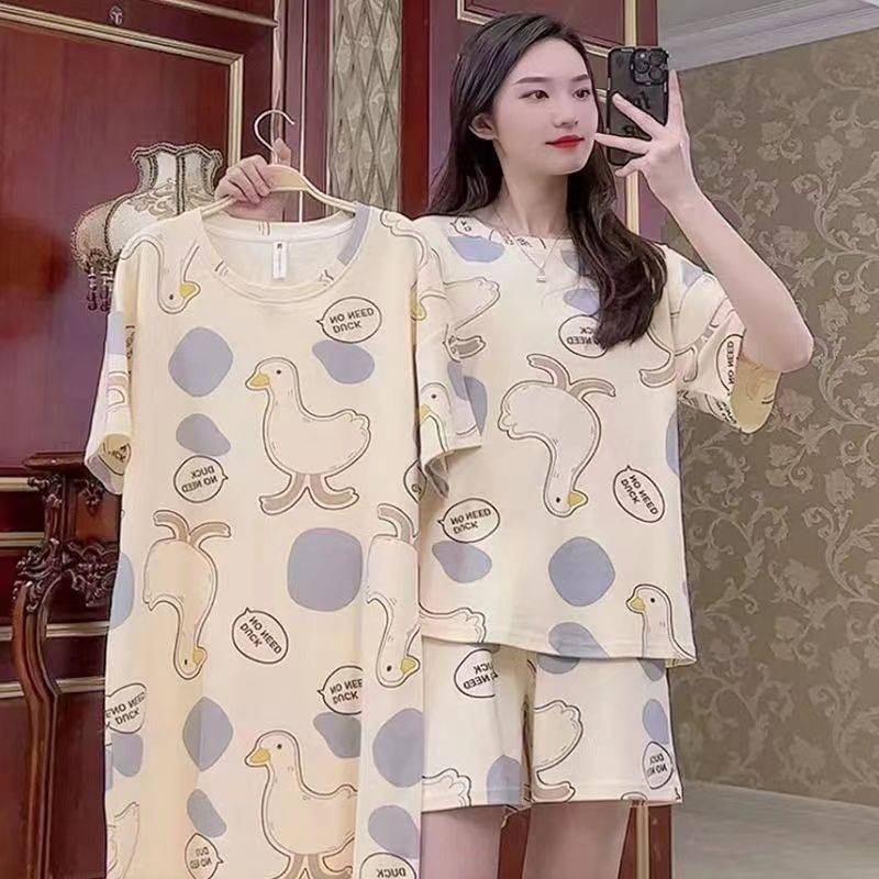 Internet celebrity pajamas women's summer short-sleeved cartoon 3-piece suit thin casual students large size nightdress home service