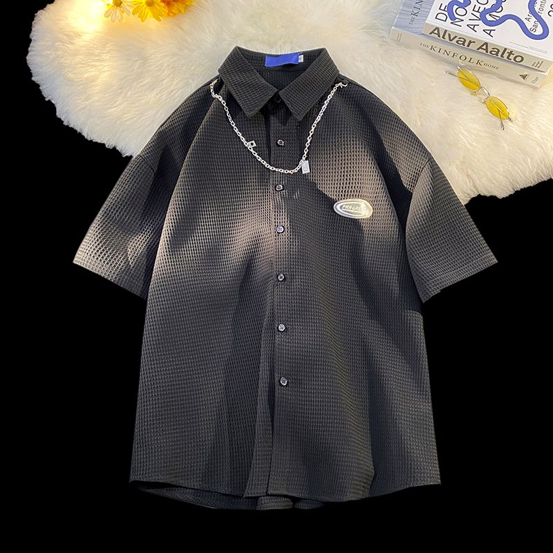 美式复古华夫格设计感短袖衬衫男夏季新款小众情侣宽松潮牌衬衣潮