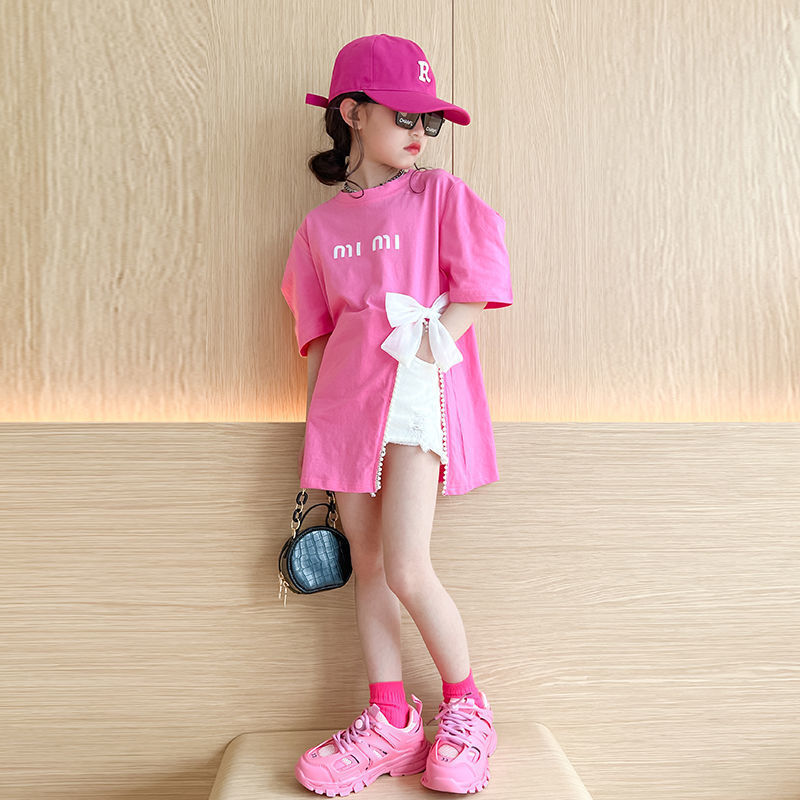 Girls t-shirt short-sleeved summer new little girl bow top fashion sweet slit children's cotton t summer trend