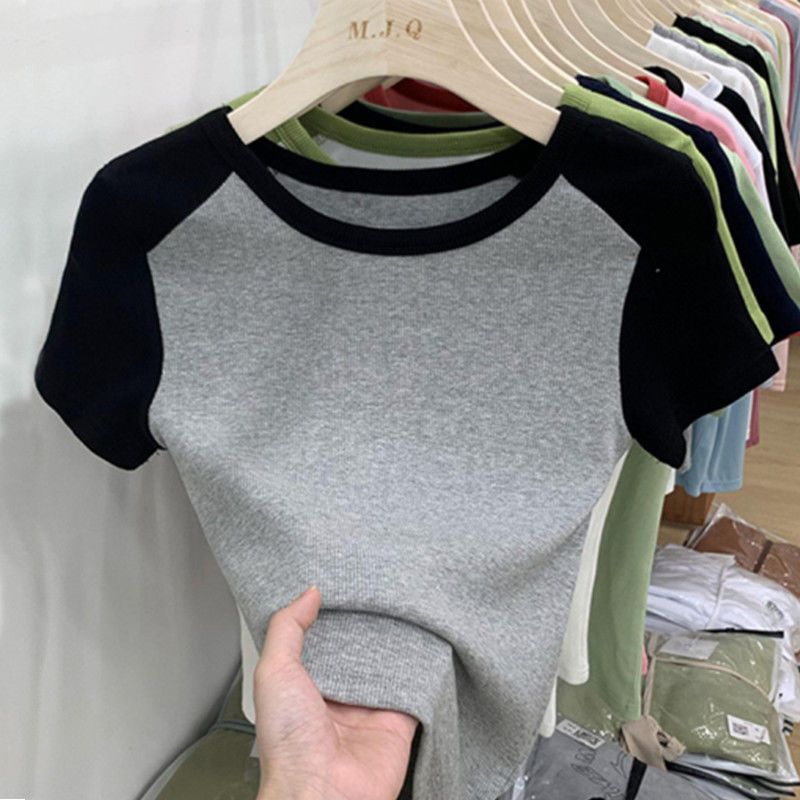 Design sense niche round neck short-sleeved t-shirt women's summer ins tide oversize short high waist exposed navel slim body clothes