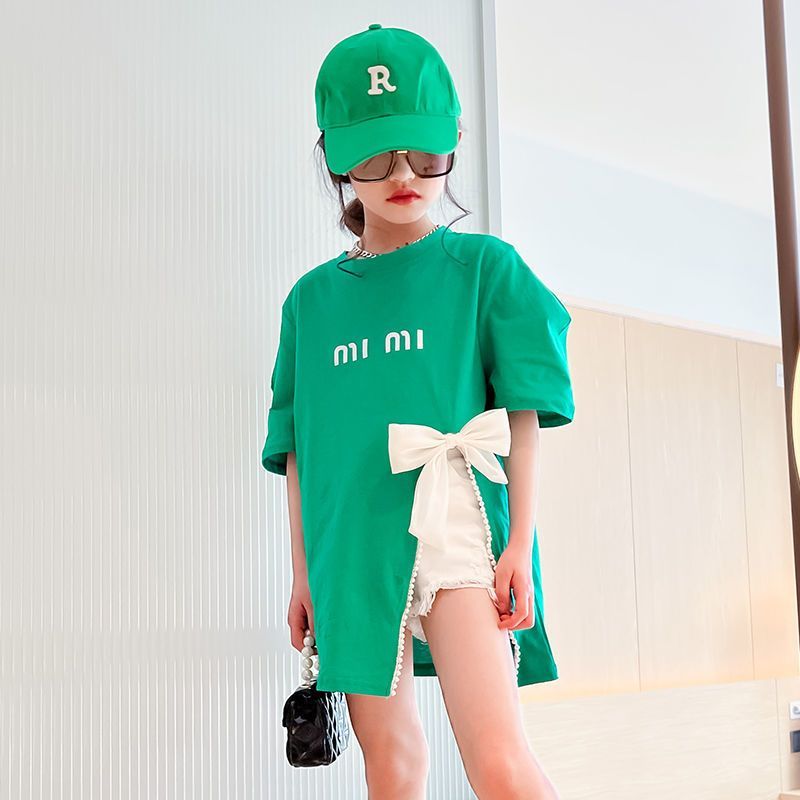 Girls t-shirt short-sleeved summer new little girl bow top fashion sweet slit children's cotton t summer trend