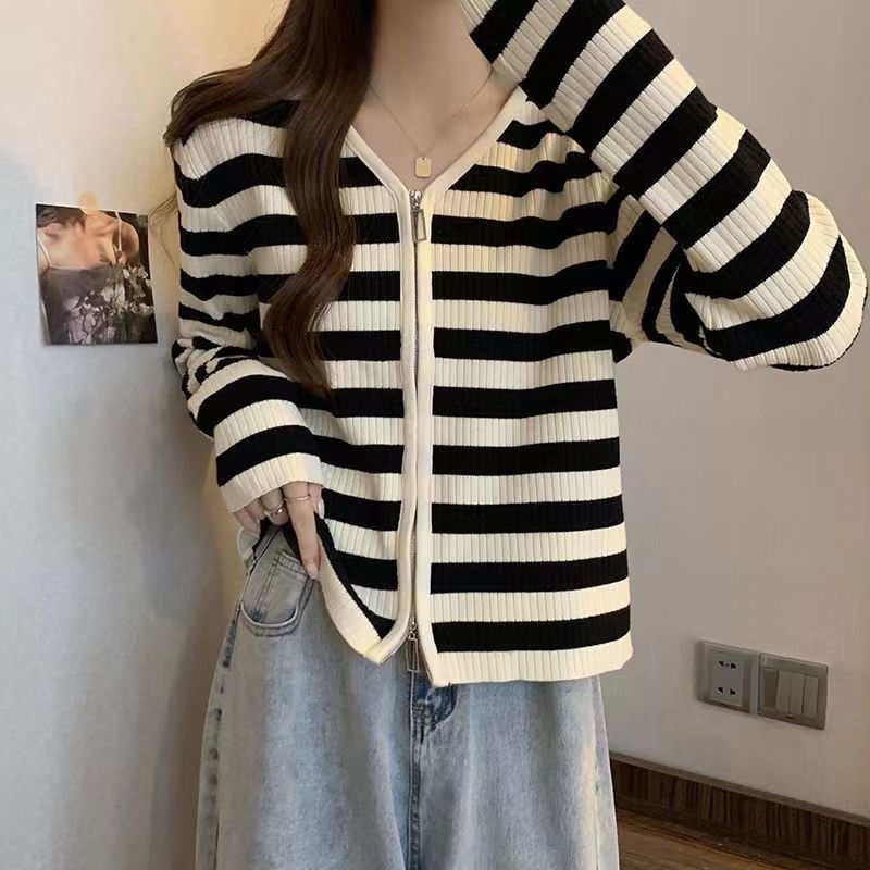 大碼法式遮肚子條紋開衫針織衫女春秋胖妹妹顯瘦雙拉鏈長袖打底衫