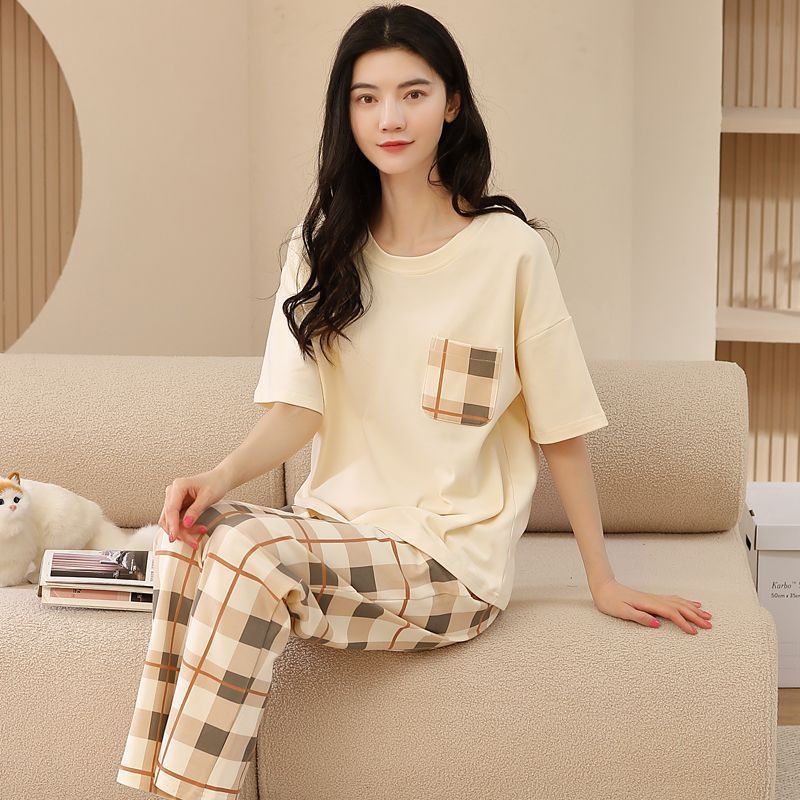 100% pure cotton pajamas ladies summer thin section Korean version loose short-sleeved trousers suit summer home clothes can be worn outside