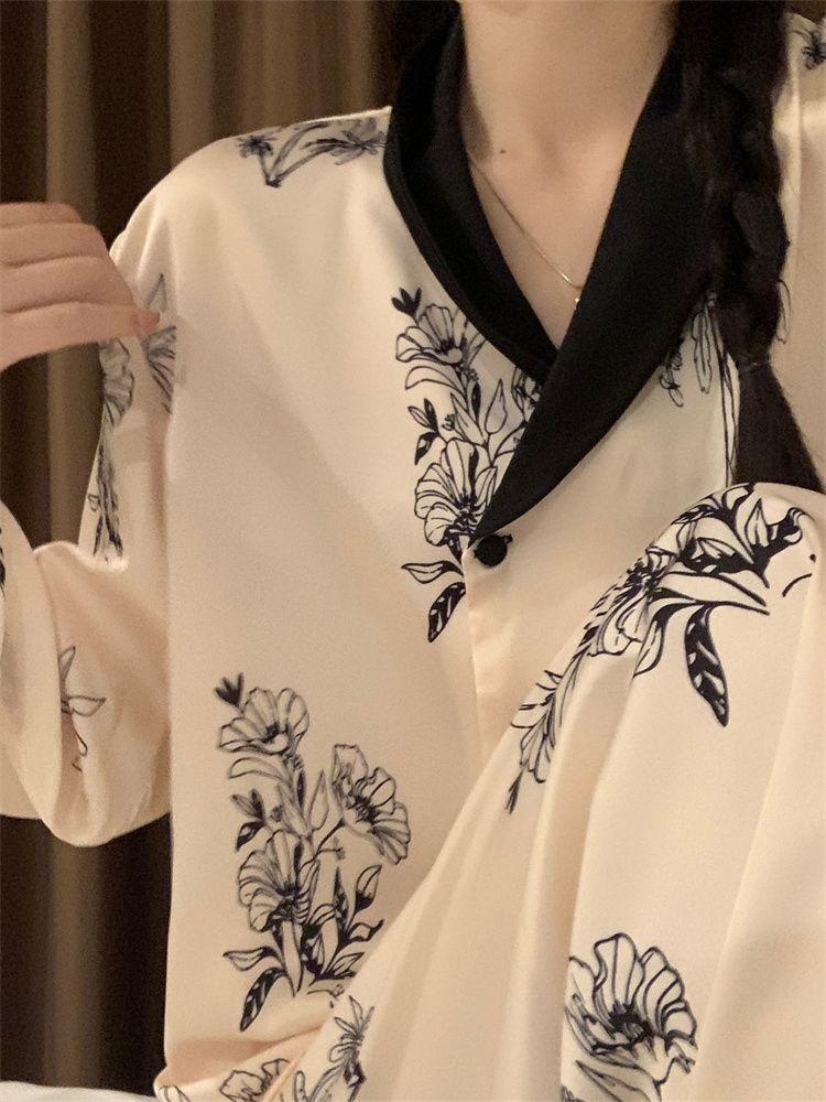 Ins wind long-sleeved spring pajamas women's high-end ice silk new Chinese style national style flower contrast color thin section home clothes autumn