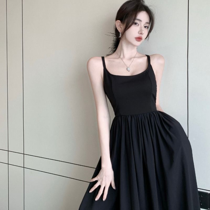 New Arrival~Summer Pure Desire Stitching Dress Feminine Suspender Skirt Advanced Sense Temperament Little Black Dress Trendy