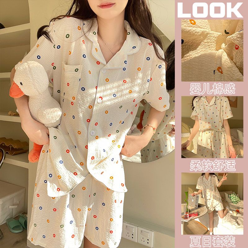 Baby cotton pajamas women's summer thin short-sleeved cardigan loose and comfortable mesh sweet girl home service suit