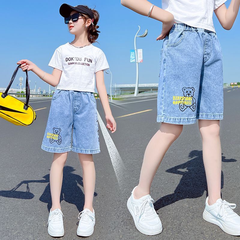 Girls' summer thin shorts 2023 new fashion girls' denim pants children's casual summer five-point pants trend
