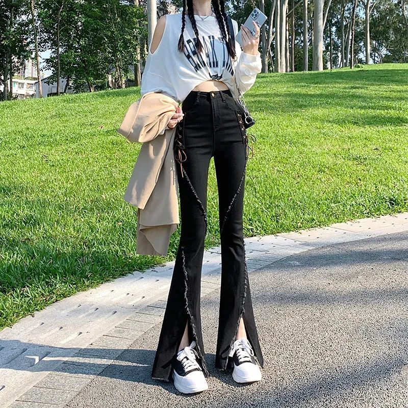 特大碼300斤開叉毛邊彈力微喇叭牛仔褲女胖mm鬆緊腰寬鬆綁帶長褲