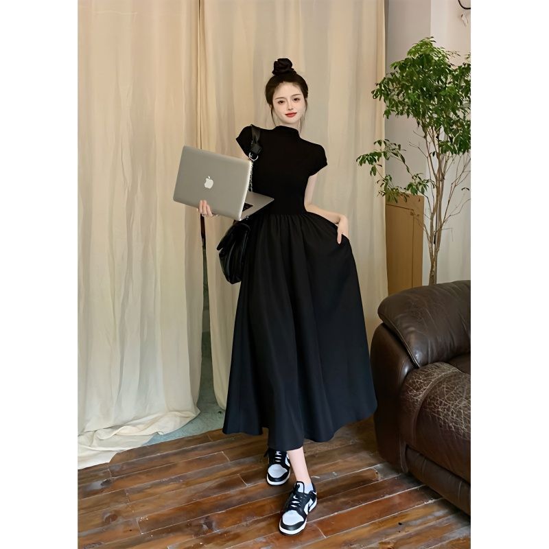 High-waist slim black slim dress summer new short-sleeved cold wind high-end chic mid-length skirt for women