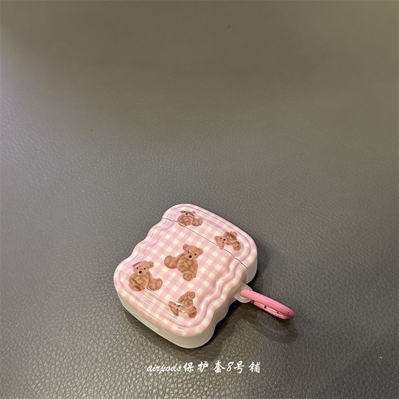 ins粉色格纹少女心小熊适用苹果无线蓝牙耳机保护套airpods1/2pro