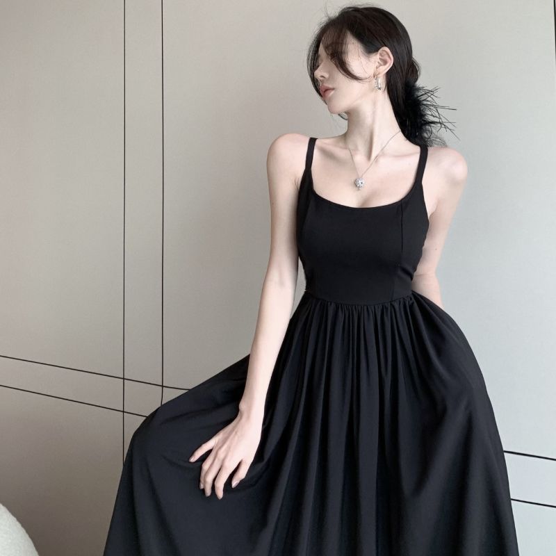 New Arrival~Summer Pure Desire Stitching Dress Feminine Suspender Skirt Advanced Sense Temperament Little Black Dress Trendy