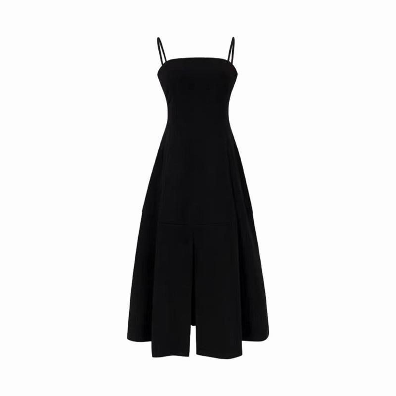 Black retro Hepburn style slit suspenders little black dress women's summer high-end sense French niche high-waisted dress