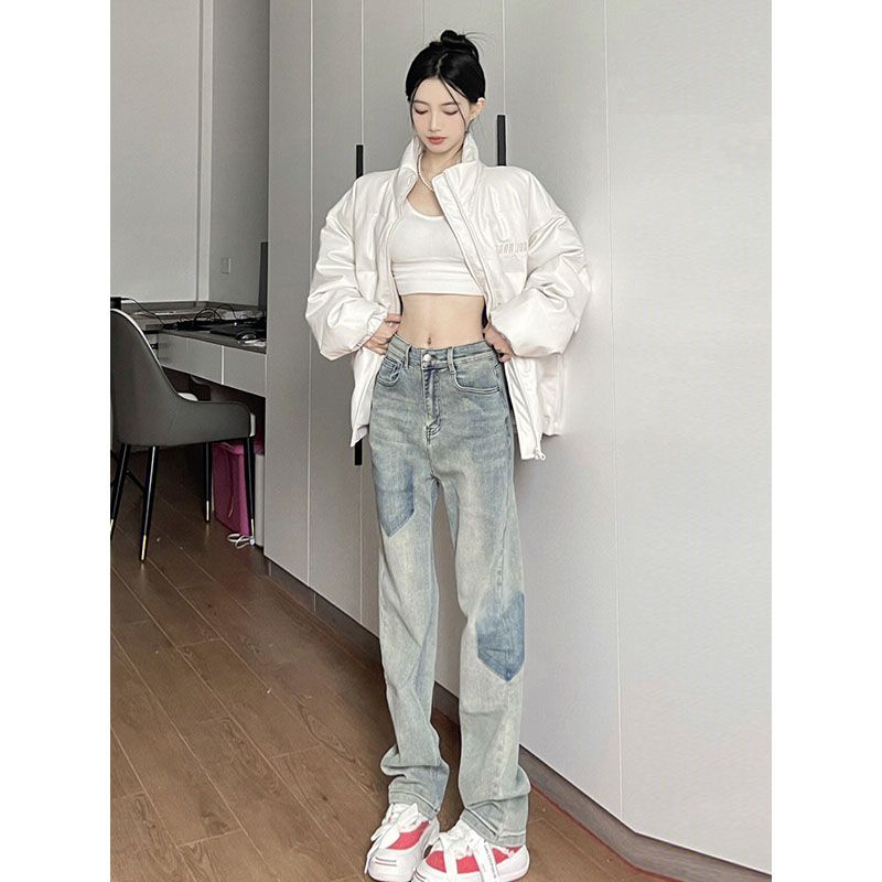 黃泥染美式復古設計感牛仔褲女潮2023新款早春高腰寬鬆闊腿拖地褲