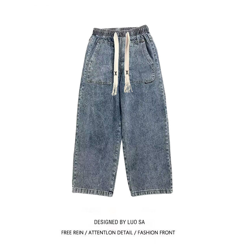 Japanese retro trendy jeans men's loose straight wide-leg pants trendy ins American high street casual versatile trousers