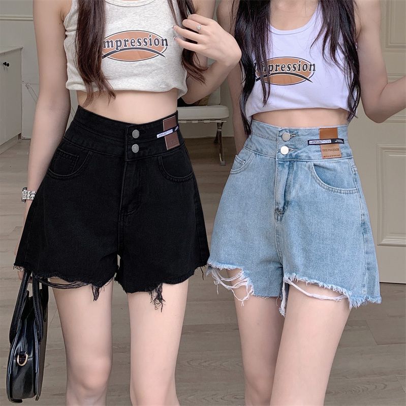 Korean version of casual high-waisted denim shorts women's summer 2023 new loose wide-leg slimming a-line babes hot pants
