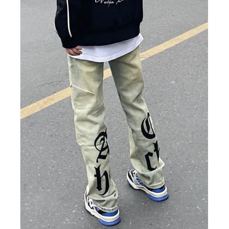 美式復古印花黃泥染牛仔褲男女同款春夏新款高腰直筒水洗做舊長褲