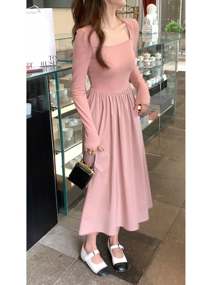 ByOnion knitted stitching dress women's mid-length spring high-quality square collar slim-fit long-sleeved skirt