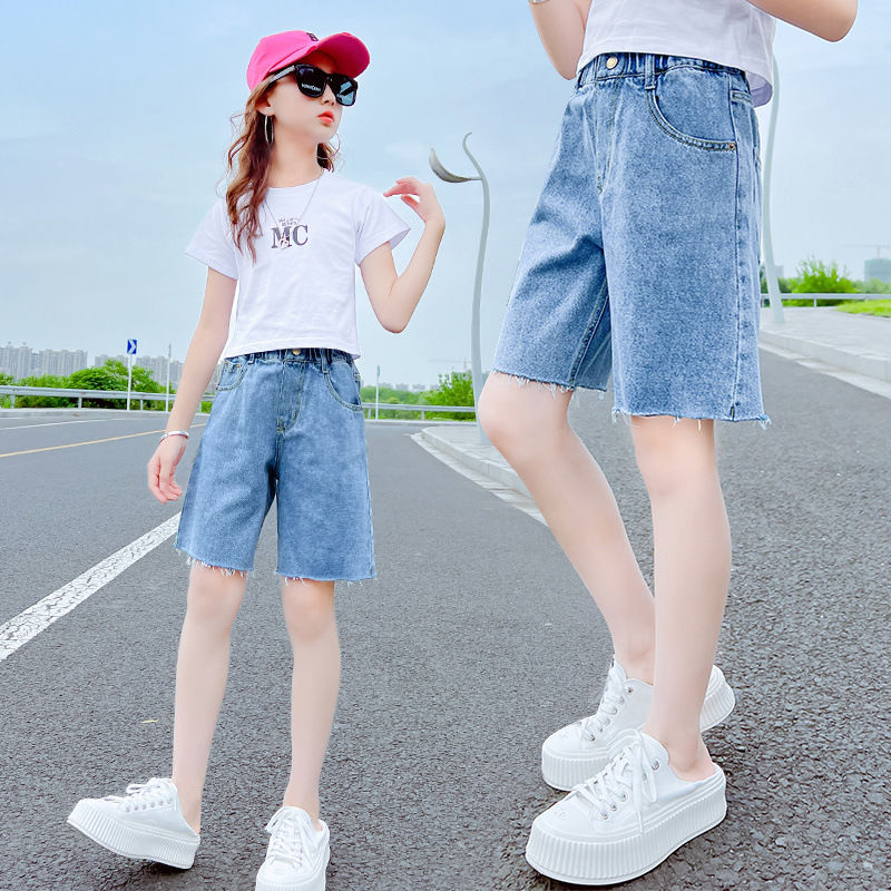 Girls' summer thin shorts 2023 new fashion girls' denim pants children's casual summer five-point pants trend