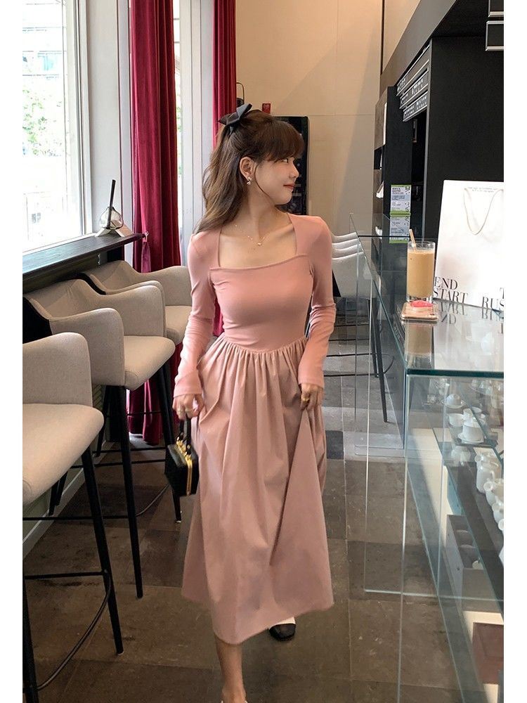 ByOnion knitted stitching dress women's mid-length spring high-quality square collar slim-fit long-sleeved skirt