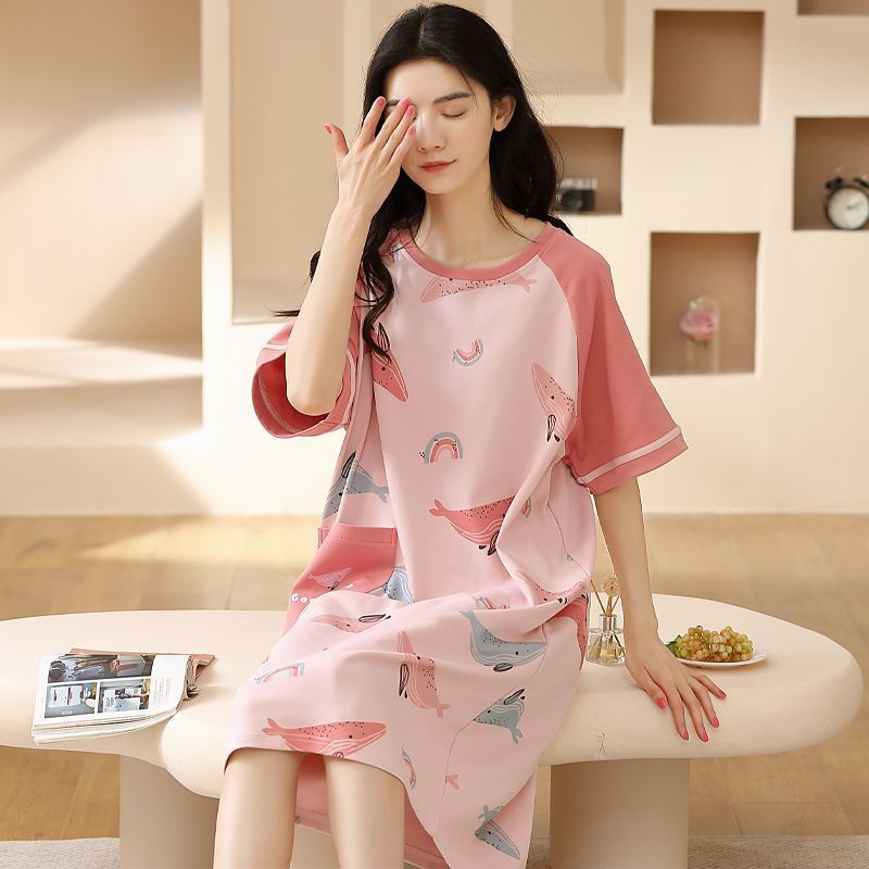 Nightdress women's summer pure cotton short-sleeved Korean cartoon mid-length knee-length pajamas thin section summer dress can be worn outside