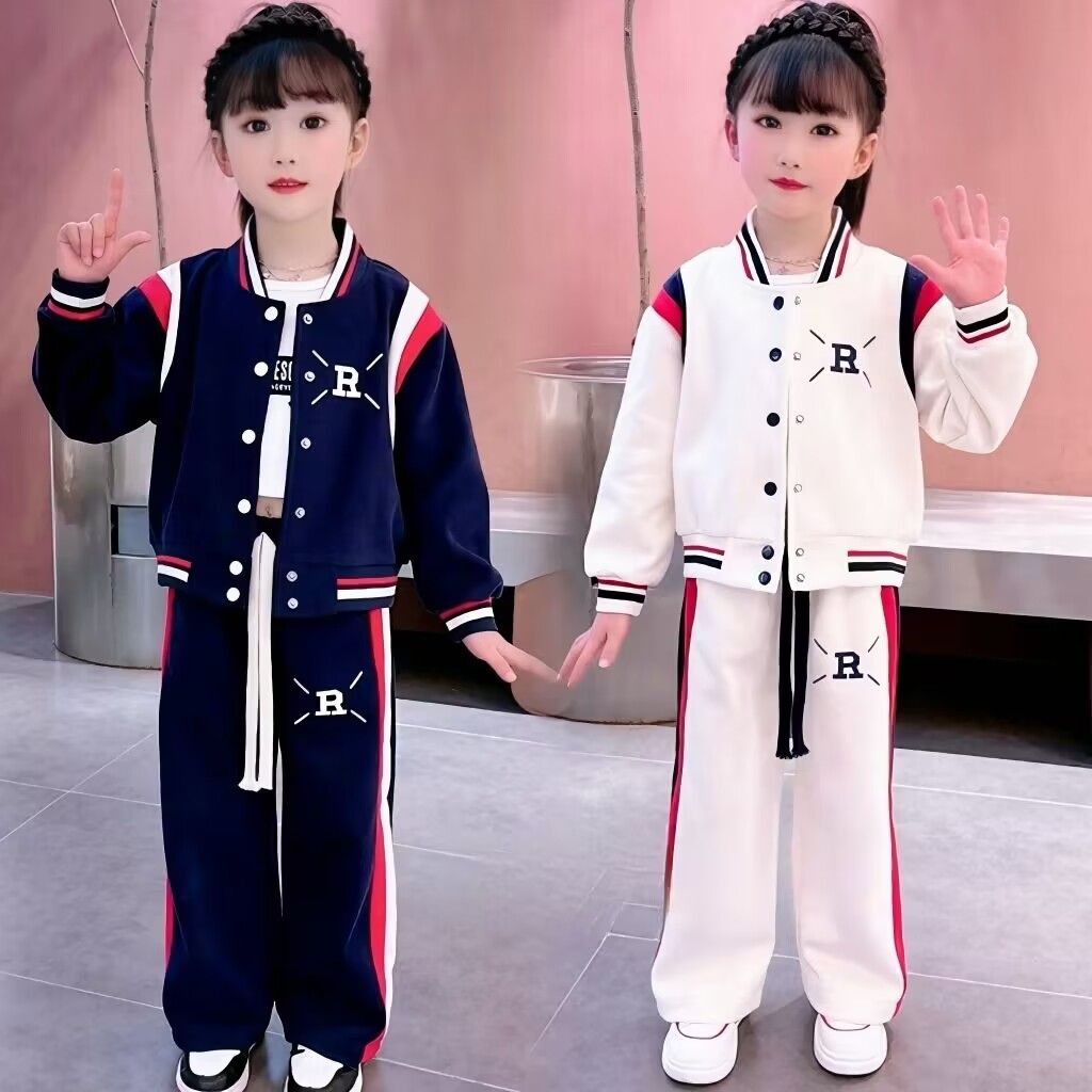 女童春秋套裝2023新款春裝洋氣韓版網紅時髦童裝兒童棒球服兩件套