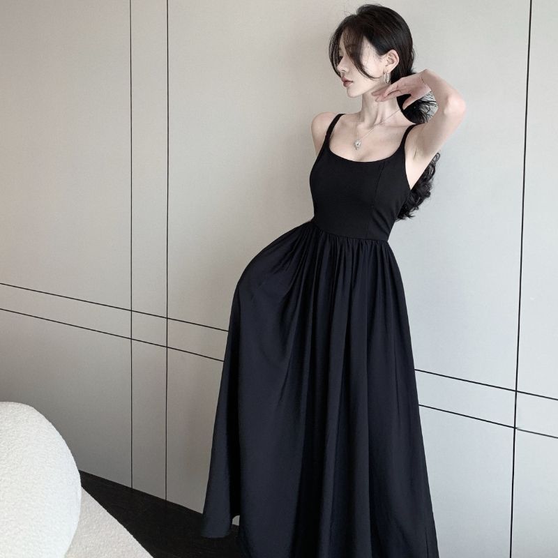 New Arrival~Summer Pure Desire Stitching Dress Feminine Suspender Skirt Advanced Sense Temperament Little Black Dress Trendy