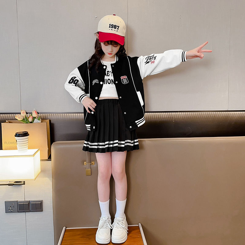 女童棒球服春秋2023新款中大童洋气时髦两件套儿童学院风套装裙子