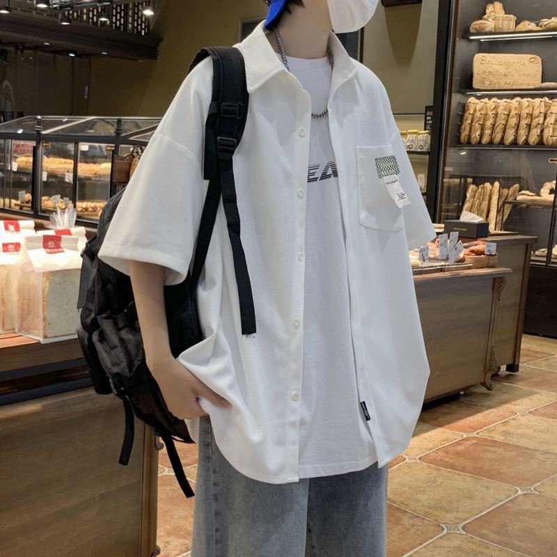 Retro waffle shirt men's short-sleeved design sense niche salt system Hong Kong flavor shirt American summer jacket ins tide