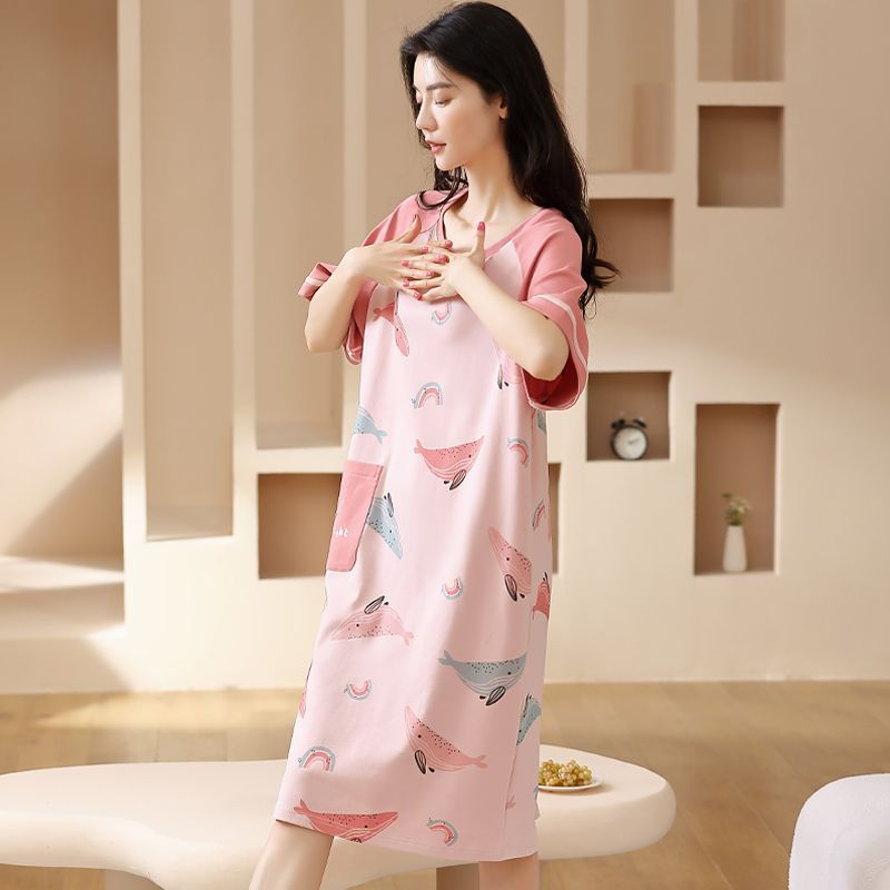 Nightdress women's summer pure cotton short-sleeved Korean cartoon mid-length knee-length pajamas thin section summer dress can be worn outside