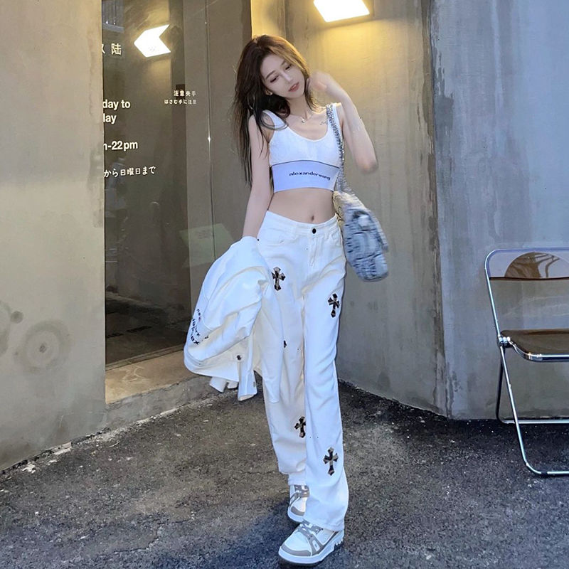 美式白色十字架炸街牛仔褲女春夏新款高腰直筒顯瘦闊腿長褲ins潮