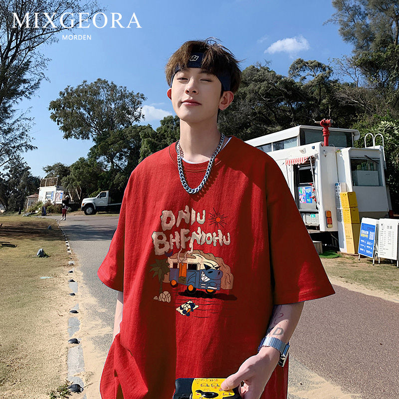 MIXGEORA歐美高街純棉短袖男寬鬆潮流帥氣時尚T恤慵懶風圓領上衣