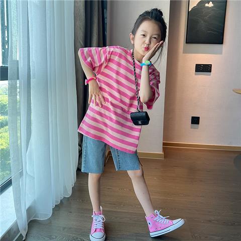 Girls' all-match striped short-sleeved T-shirt  summer new children's foreign style mid-length top T skirt denim shorts