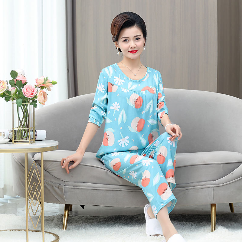Middle-aged and elderly mother pajamas summer cotton silk home service suit long-sleeved trousers thin artificial cotton pajamas two-piece set