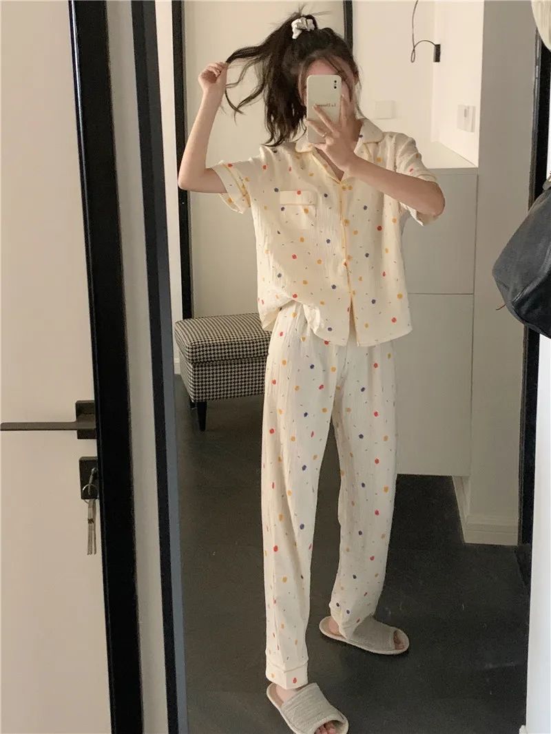 Ins net red pajamas women's summer short-sleeved trousers baby cotton sense spring and autumn thin section mesh loose home service suit