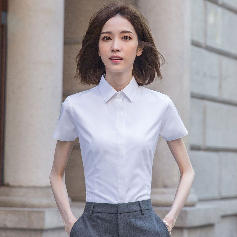 夏季短袖v领衬衫女职业装正装上衣工作服韩版时尚白领前台衬衣女