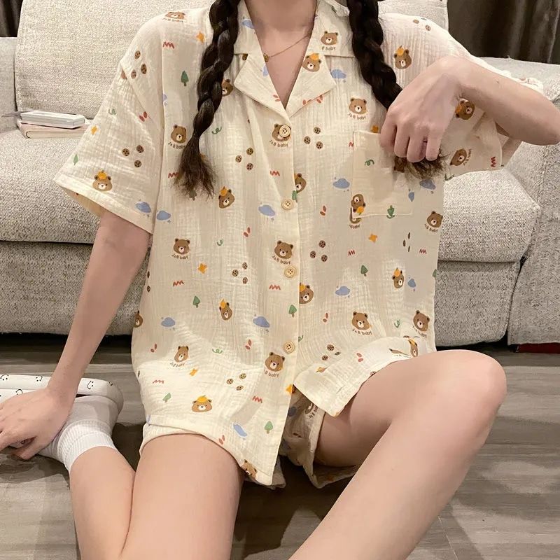 Japanese pajamas women's ins summer thin section can be worn outside sweet cardigan cute bear new home service suit