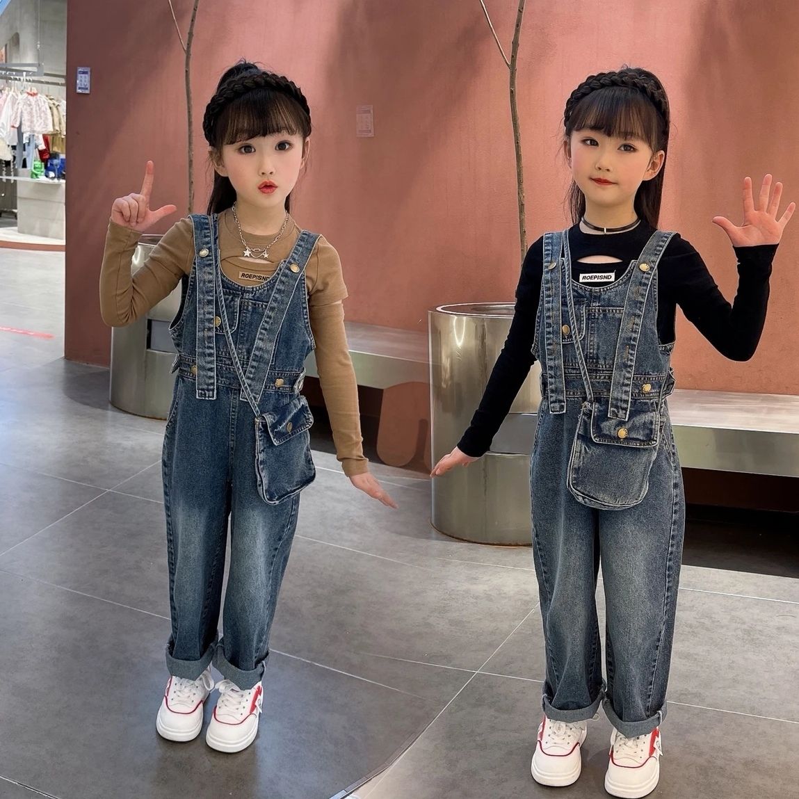 女童牛仔背帶褲套裝2023春秋新款休閒洋氣上衣中大童百搭吊帶褲子