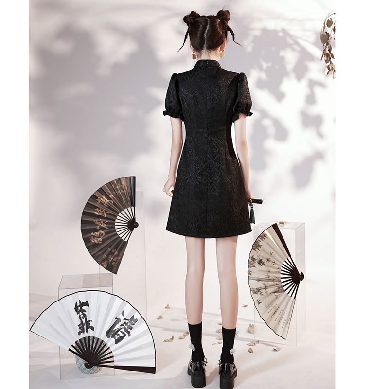 黑色旗袍年新款国潮改良年轻款少女小个子新中式短款连衣裙夏