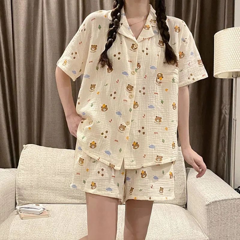 Japanese pajamas women's ins summer thin section can be worn outside sweet cardigan cute bear new home service suit