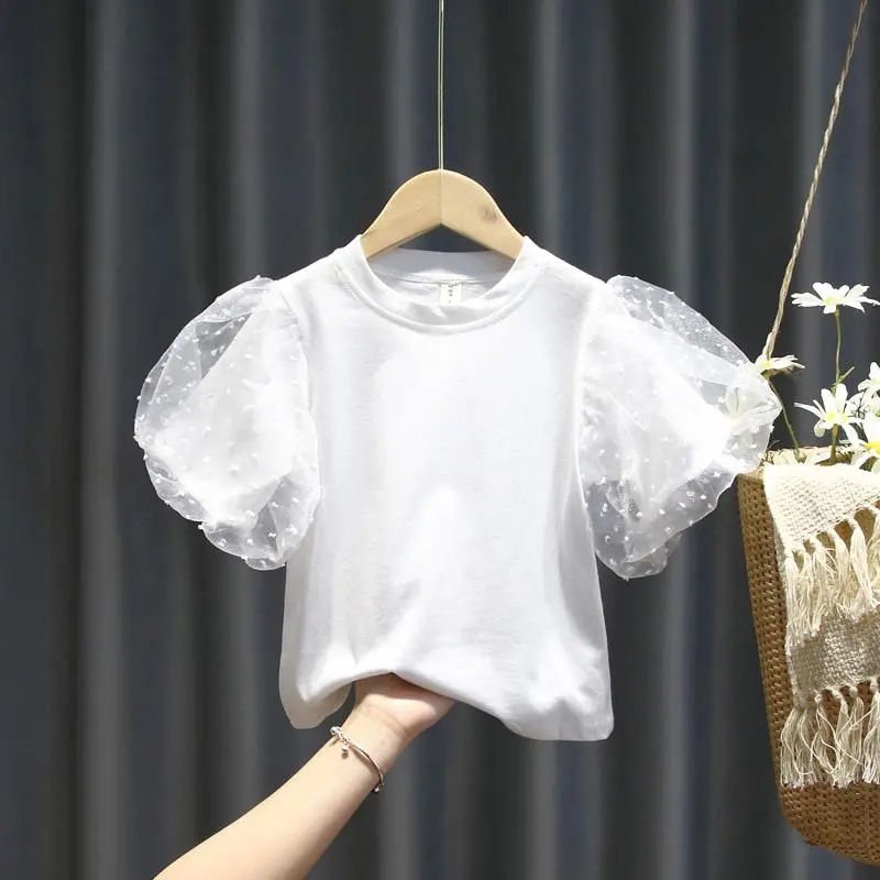Girls short-sleeved 2023 new children's clothing children's puff sleeve t-shirt baby cotton bottoming shirt children's summer tops
