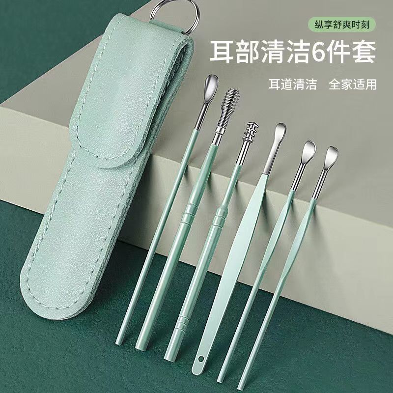 High-grade stainless steel ear digging ear spoon six-piece set ear picking buckle ear picking tool children adult ear cleaning