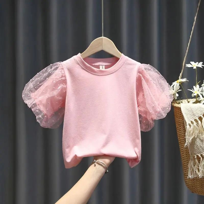 Girls short-sleeved 2023 new children's clothing children's puff sleeve t-shirt baby cotton bottoming shirt children's summer tops