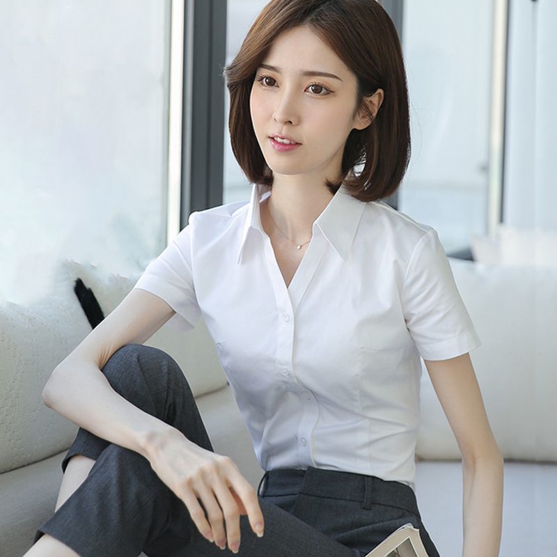 夏季短袖v领衬衫女职业装正装上衣工作服韩版时尚白领前台衬衣女