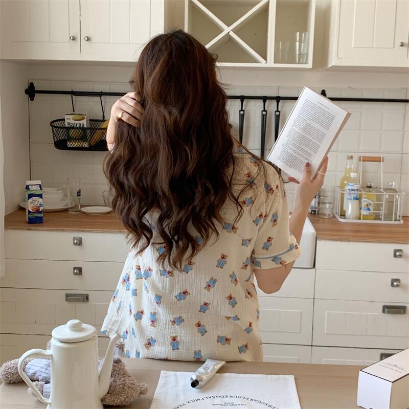 Baby cotton summer pajamas women's short-sleeved thin section net red ins style sweet girl bear home clothes two-piece set