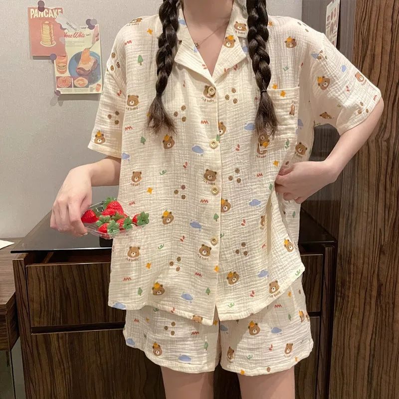 Japanese pajamas women's ins summer thin section can be worn outside sweet cardigan cute bear new home service suit