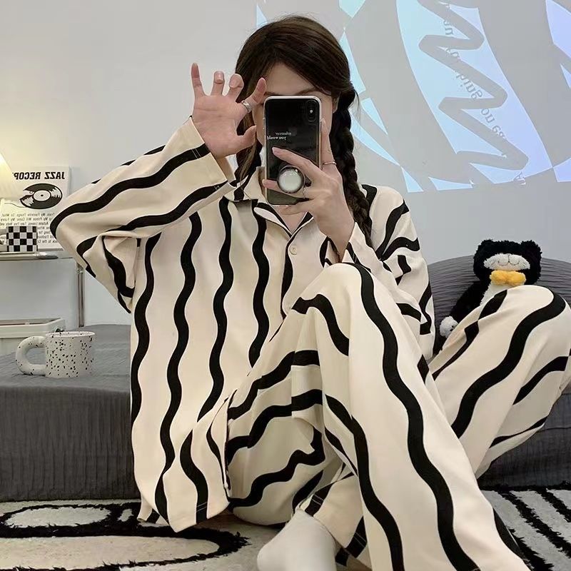 睡衣女春秋款ins風新款黑色條紋長袖長褲休閒可外穿家居服兩件套